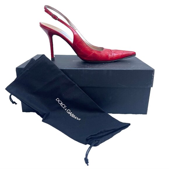 Auc Dolce & Gabbana Eel Skin Red Pointed Toe Slingback Heels IT 37,5 US 7,5 - Picture 3 of 13